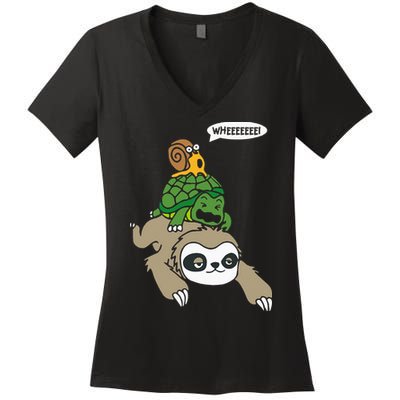Sloth Turtle Snail Piggyback Animal Running Wild Women's V-Neck T-Shirt