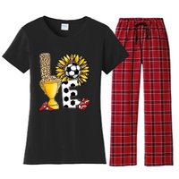 Soccer T Shirts, Love Soccer Leopard Sunflower Sports Ball Valentine Plus Size Women's Flannel Pajama Set