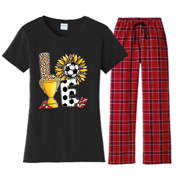 Soccer T Shirts, Love Soccer Leopard Sunflower Sports Ball Valentine Plus Size Women's Flannel Pajama Set