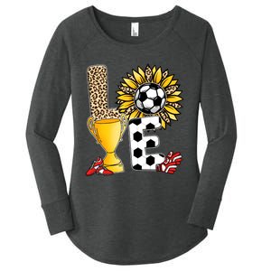 Soccer T Shirts, Love Soccer Leopard Sunflower Sports Ball Valentine Plus Size Women's Perfect Tri Tunic Long Sleeve Shirt