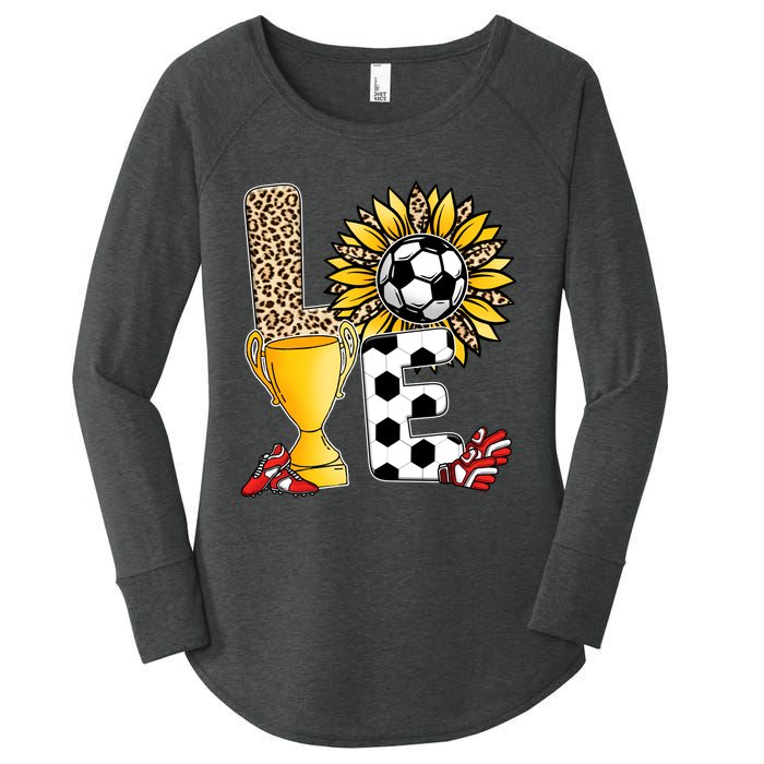 Soccer T Shirts, Love Soccer Leopard Sunflower Sports Ball Valentine Plus Size Women's Perfect Tri Tunic Long Sleeve Shirt