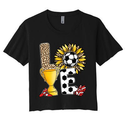 Soccer T Shirts, Love Soccer Leopard Sunflower Sports Ball Valentine Plus Size Women's Crop Top Tee