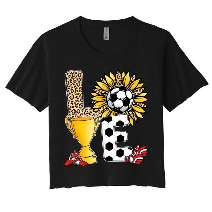 Soccer T Shirts, Love Soccer Leopard Sunflower Sports Ball Valentine Plus Size Women's Crop Top Tee