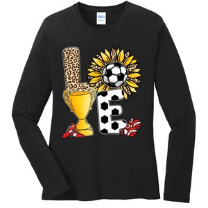 Soccer T Shirts, Love Soccer Leopard Sunflower Sports Ball Valentine Plus Size Ladies Long Sleeve Shirt