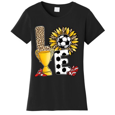 Soccer T Shirts, Love Soccer Leopard Sunflower Sports Ball Valentine Plus Size Women's T-Shirt