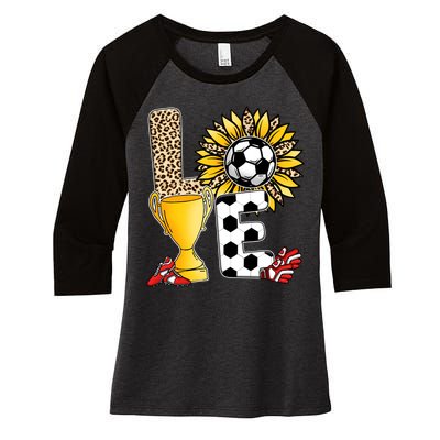 Soccer T Shirts, Love Soccer Leopard Sunflower Sports Ball Valentine Plus Size Women's Tri-Blend 3/4-Sleeve Raglan Shirt