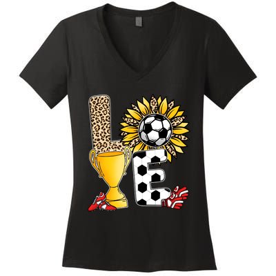 Soccer T Shirts, Love Soccer Leopard Sunflower Sports Ball Valentine Plus Size Women's V-Neck T-Shirt