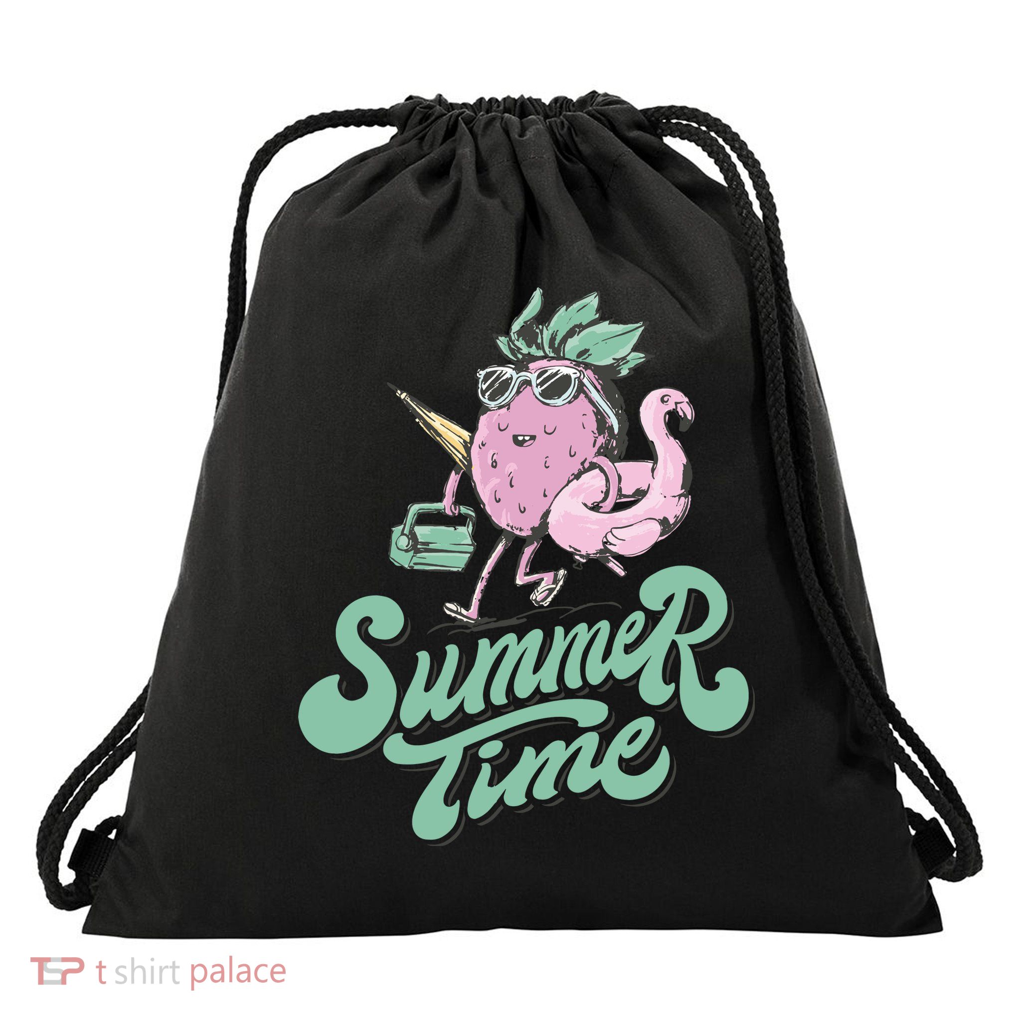 Summer Time Strawberry Retro Beach Drawstring Bag