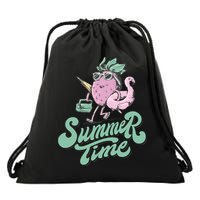 Summer Time Strawberry Retro Beach Drawstring Bag