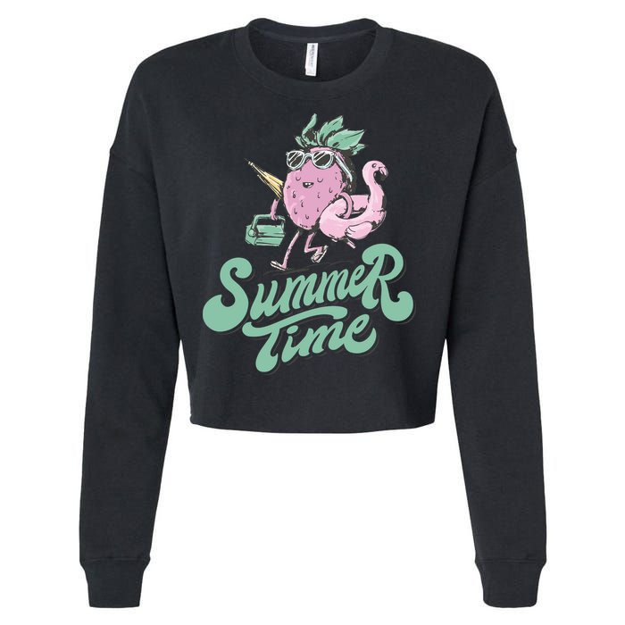 Summer Time Strawberry Retro Beach Cropped Pullover Crew