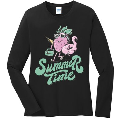 Summer Time Strawberry Retro Beach Ladies Long Sleeve Shirt