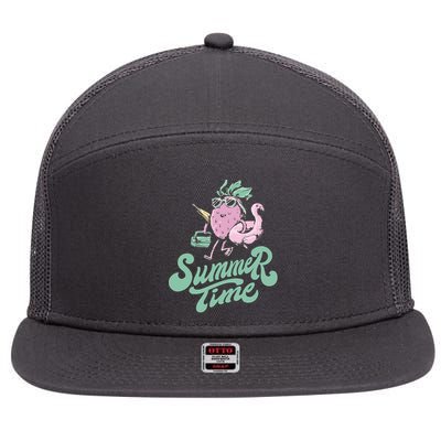 Summer Time Strawberry Retro Beach 7 Panel Mesh Trucker Snapback Hat
