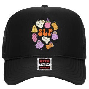 Speech Therapy Slp Ghost Speech Therapy Halloween Slp Hal High Crown Mesh Back Trucker Hat