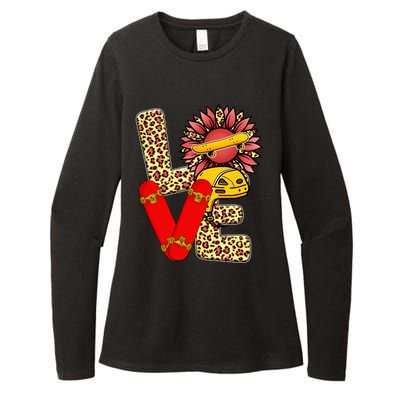 Skateboard T Shirts Love Skating Leopard Sunflower Graphic Plus Size Womens CVC Long Sleeve Shirt