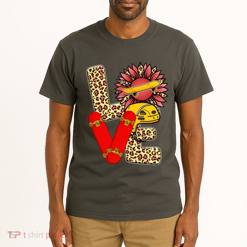Skateboard T Shirts Love Skating Leopard Sunflower Graphic Plus Size Tall T-Shirt