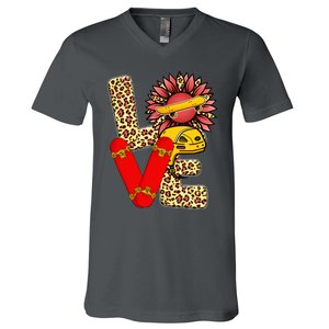 Skateboard T Shirts Love Skating Leopard Sunflower Graphic Plus Size V-Neck T-Shirt