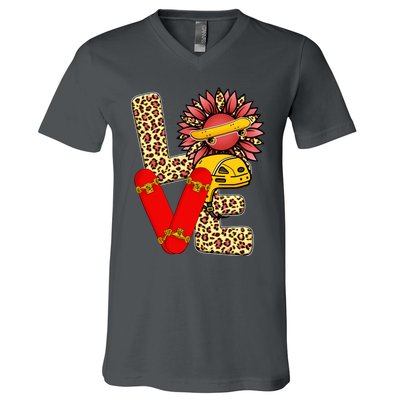 Skateboard T Shirts Love Skating Leopard Sunflower Graphic Plus Size V-Neck T-Shirt