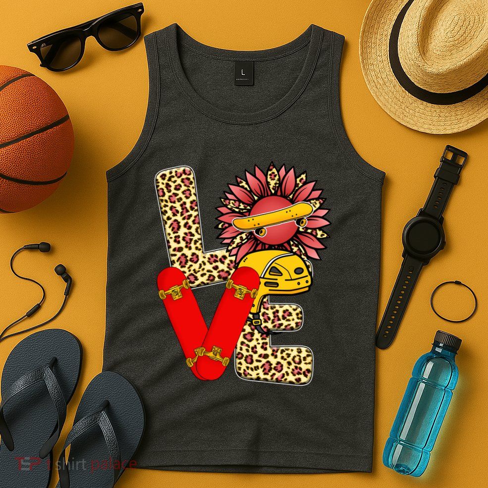 Skateboard T Shirts Love Skating Leopard Sunflower Graphic Plus Size Tank Top
