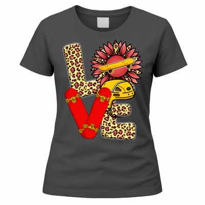 Skateboard T Shirts Love Skating Leopard Sunflower Graphic Plus Size Women's T-Shirt