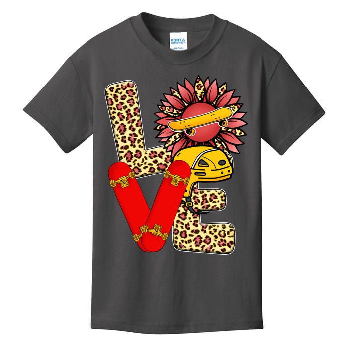 Skateboard T Shirts Love Skating Leopard Sunflower Graphic Plus Size Kids T-Shirt