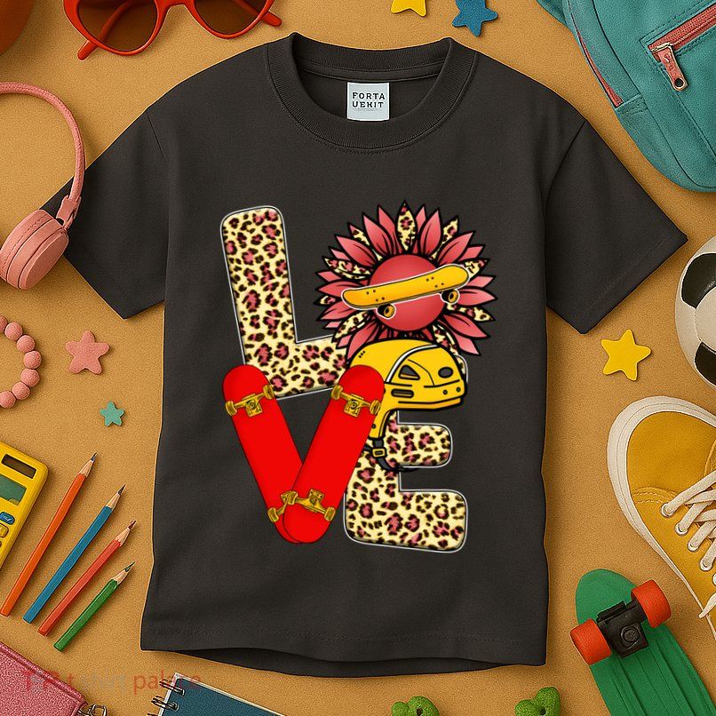 Skateboard T Shirts Love Skating Leopard Sunflower Graphic Plus Size Kids T-Shirt