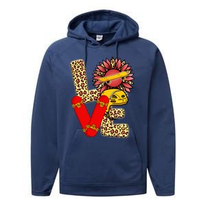 Skateboard T Shirts Love Skating Leopard Sunflower Graphic Plus Size Performance Fleece Hoodie