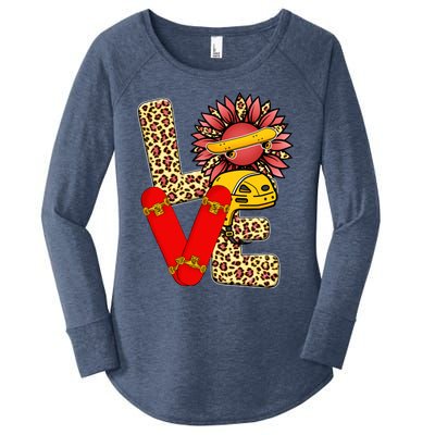 Skateboard T Shirts Love Skating Leopard Sunflower Graphic Plus Size Women's Perfect Tri Tunic Long Sleeve Shirt