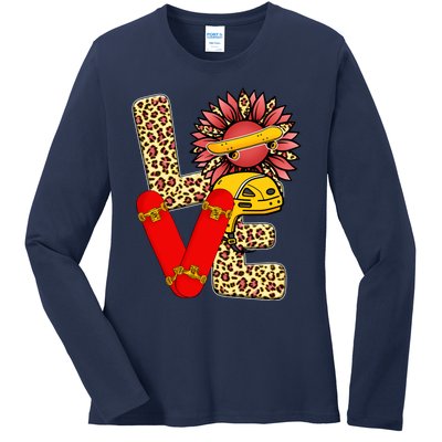 Skateboard T Shirts Love Skating Leopard Sunflower Graphic Plus Size Ladies Long Sleeve Shirt