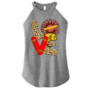 Skateboard T Shirts Love Skating Leopard Sunflower Graphic Plus Size Women's Perfect Tri Rocker Tank