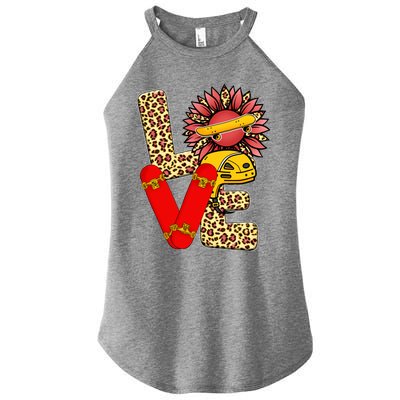 Skateboard T Shirts Love Skating Leopard Sunflower Graphic Plus Size Women's Perfect Tri Rocker Tank