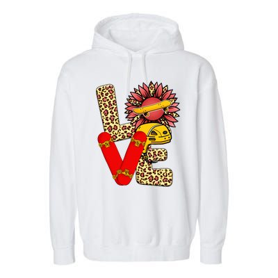 Skateboard T Shirts Love Skating Leopard Sunflower Graphic Plus Size Garment-Dyed Fleece Hoodie