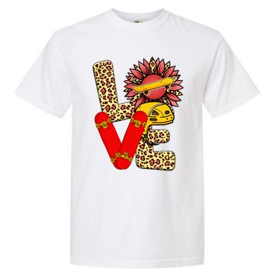 Skateboard T Shirts Love Skating Leopard Sunflower Graphic Plus Size Garment-Dyed Heavyweight T-Shirt