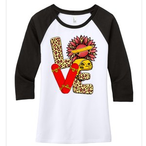 Skateboard T Shirts Love Skating Leopard Sunflower Graphic Plus Size Women's Tri-Blend 3/4-Sleeve Raglan Shirt