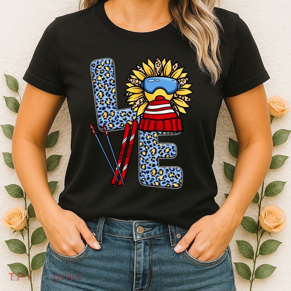 Skiing T Shirts Love Leopard Sunflower Graphic Plus Size Womens T-Shirt