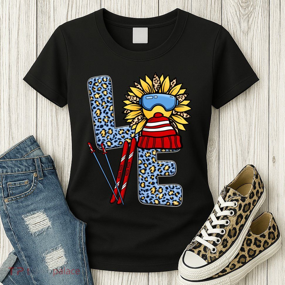 Skiing T Shirts Love Leopard Sunflower Graphic Plus Size Womens T-Shirt