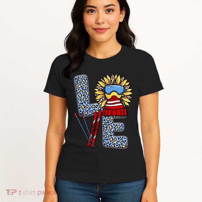 Skiing T Shirts Love Leopard Sunflower Graphic Plus Size Womens T-Shirt