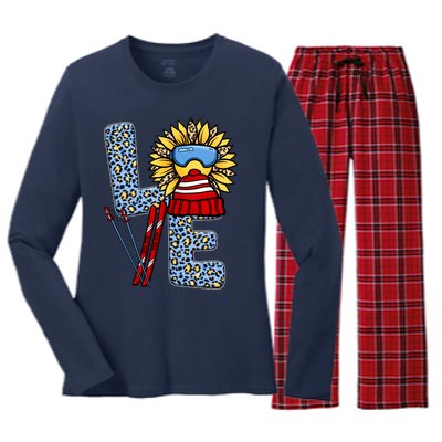 Skiing T Shirts Love Leopard Sunflower Graphic Plus Size Women's Long Sleeve Flannel Pajama Set 