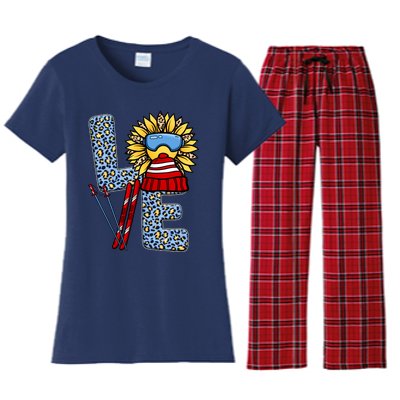 Skiing T Shirts Love Leopard Sunflower Graphic Plus Size Women's Flannel Pajama Set