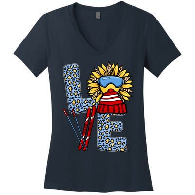 Skiing T Shirts Love Leopard Sunflower Graphic Plus Size Women's V-Neck T-Shirt