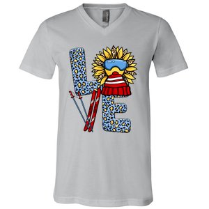 Skiing T Shirts Love Leopard Sunflower Graphic Plus Size V-Neck T-Shirt