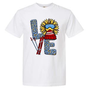 Skiing T Shirts Love Leopard Sunflower Graphic Plus Size Garment-Dyed Heavyweight T-Shirt