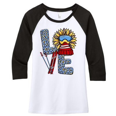 Skiing T Shirts Love Leopard Sunflower Graphic Plus Size Women's Tri-Blend 3/4-Sleeve Raglan Shirt