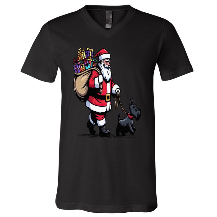 Scottish Terrier Santa Claus Funny Dog Christmas V-Neck T-Shirt