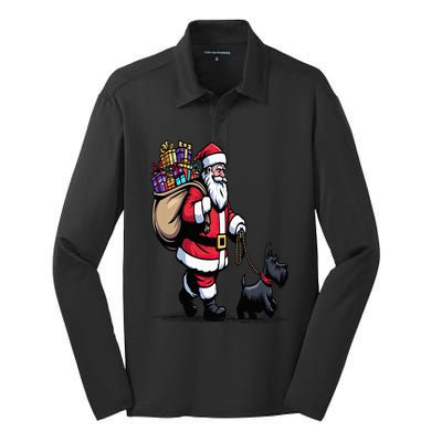 Scottish Terrier Santa Claus Funny Dog Christmas Silk Touch Performance Long Sleeve Polo