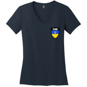 Stand Tactical Support Ukrainian Flag Shield I Stand With Ukraine Military Women's V-Neck T-Shirt