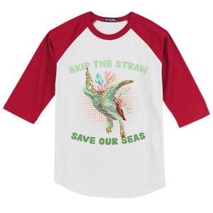 Skip The Straw Save Our Ocean Environt Sea Turtle Gift Kids Colorblock Raglan Jersey