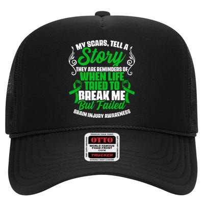 Scars Tell Story Traumatic Brain Injury Support TBI Survivor High Crown Mesh Back Trucker Hat