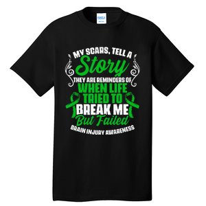 Scars Tell Story Traumatic Brain Injury Support TBI Survivor Tall T-Shirt