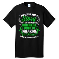 Scars Tell Story Traumatic Brain Injury Support TBI Survivor Tall T-Shirt