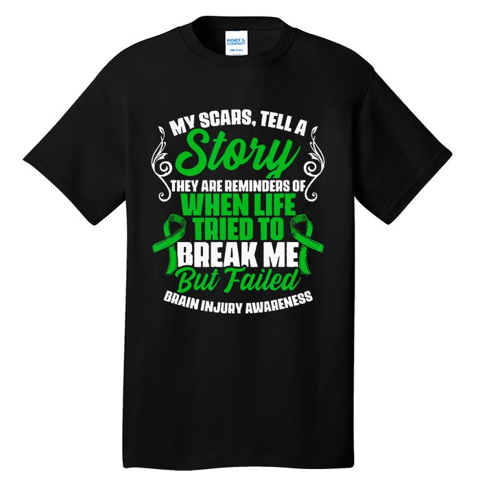 Scars Tell Story Traumatic Brain Injury Support TBI Survivor Tall T-Shirt